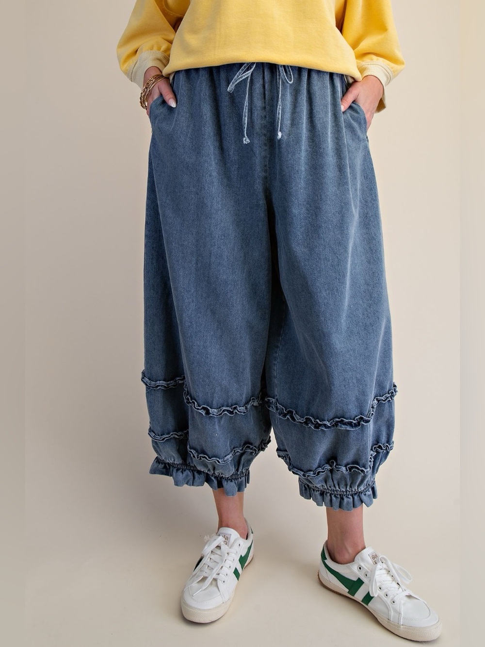 New! Easel Washed Denim Balloon Pants with Detailed Bottoms